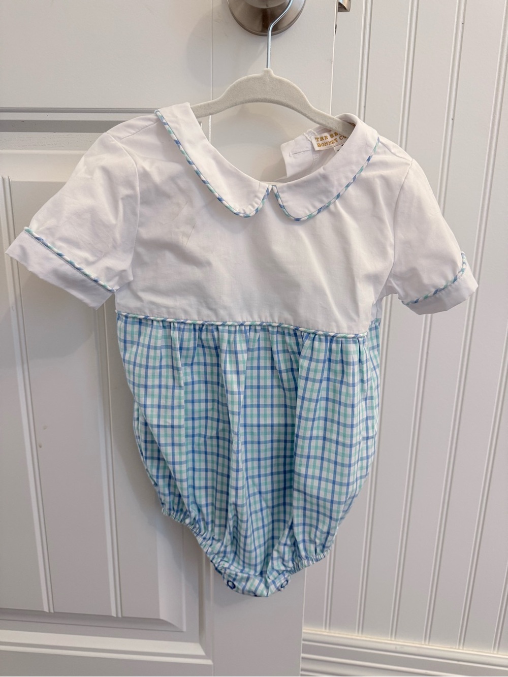White TBBC Peter Pan Collar Baby Bubble with Blue-Green Plaid